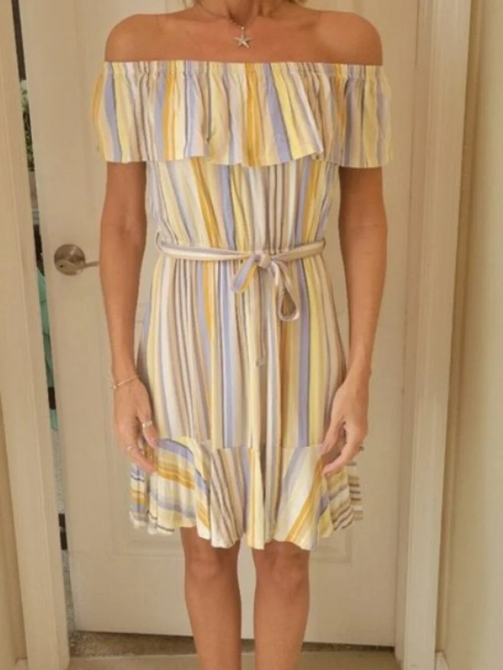 Lascana Off-Shoulder Striped Carmen Flounce Summer Dress in Yellow